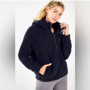 Fabletics sherpa jacket navy blue Sz medium teddy lotta fleece hoodie coat